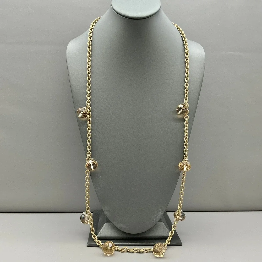 Necklace Womens Gold Tone Crystal Station Textured Link Chain Jewelry 30 Inches